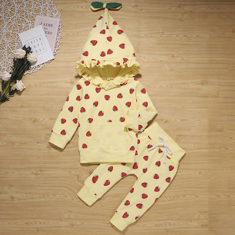 Baby Girls Strawberry Print Hooded Cute Sets Baby Clothes Wholesale Bulk - PrettyKid