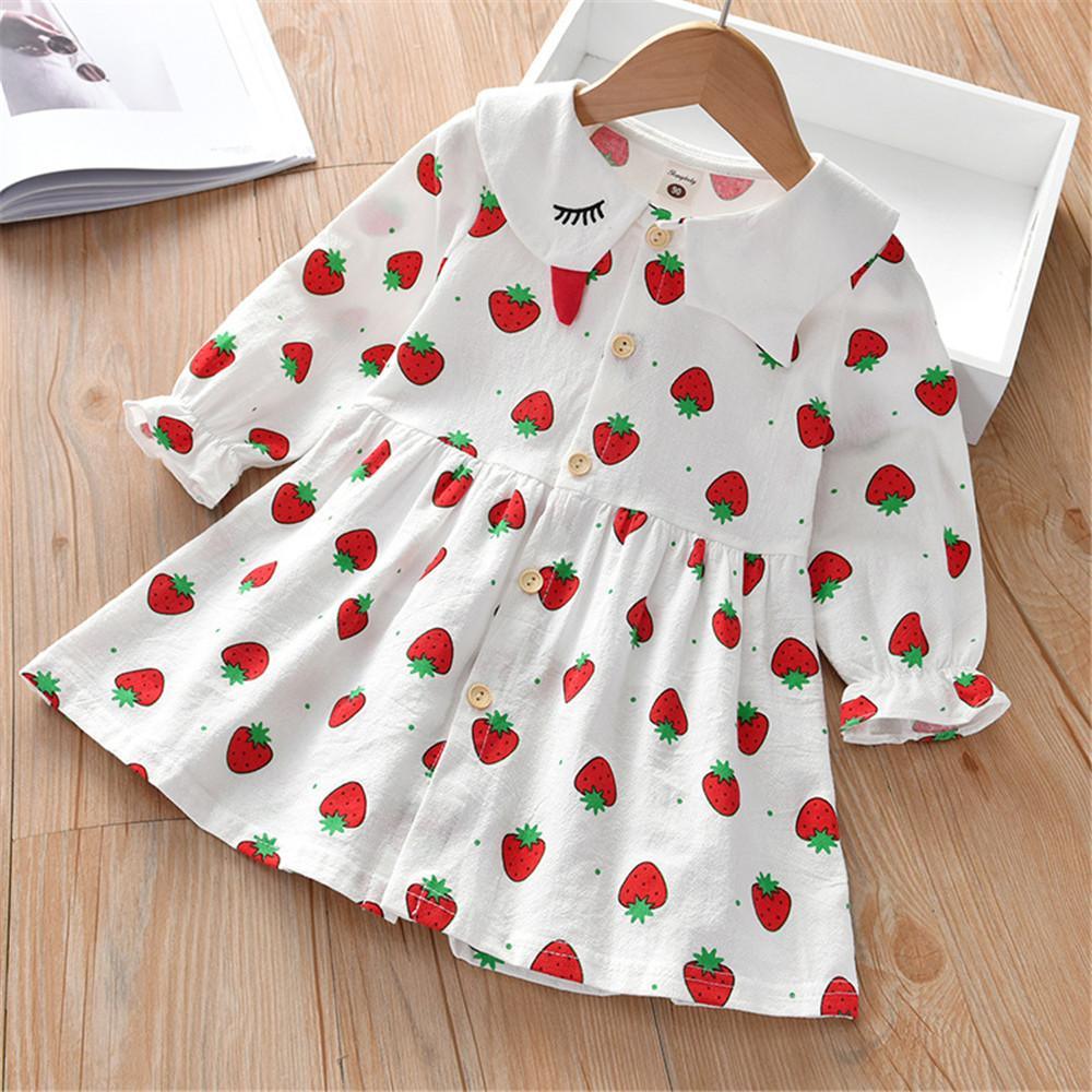 Girls Strawberry Printed Cotton Linen Sweet Button Dress - PrettyKid