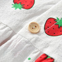 Girls Strawberry Printed Cotton Linen Sweet Button Dress - PrettyKid