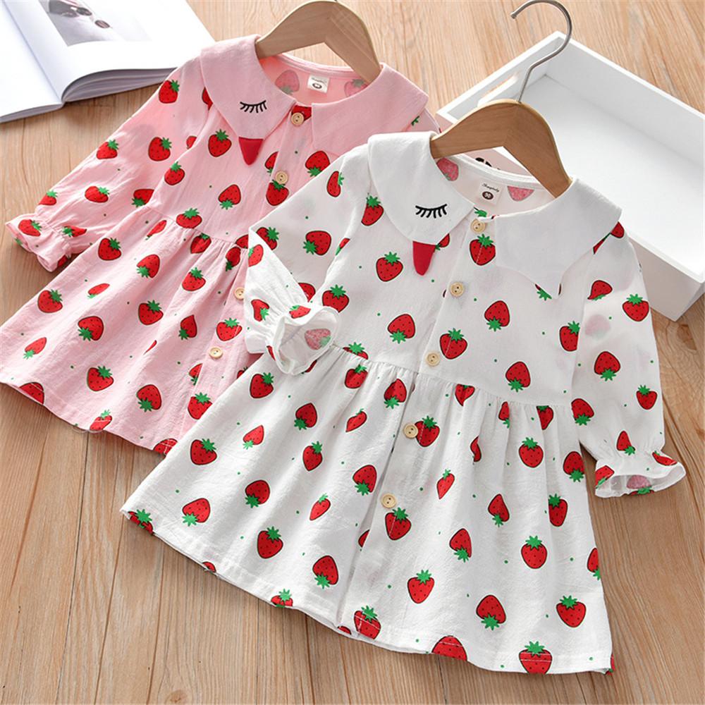 Girls Strawberry Printed Cotton Linen Sweet Button Dress - PrettyKid
