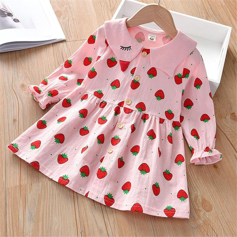 Girls Strawberry Printed Cotton Linen Sweet Button Dress - PrettyKid