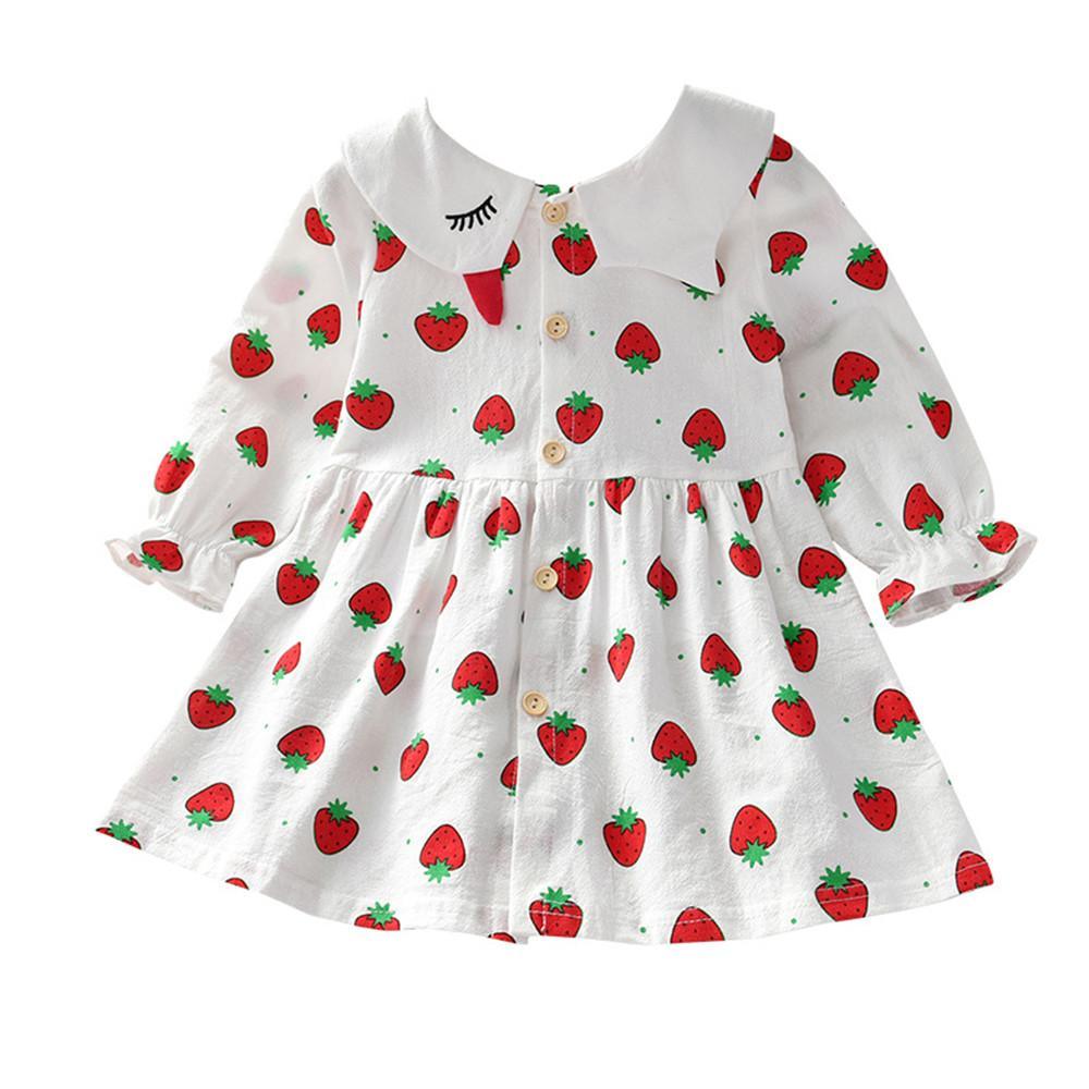 Girls Strawberry Printed Cotton Linen Sweet Button Dress - PrettyKid