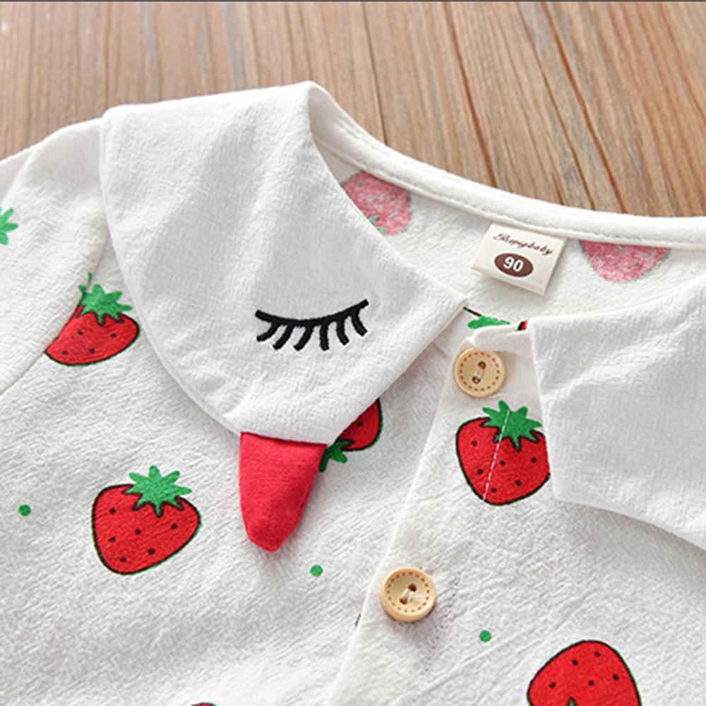 Girls Strawberry Printed Cotton Linen Sweet Button Dress - PrettyKid