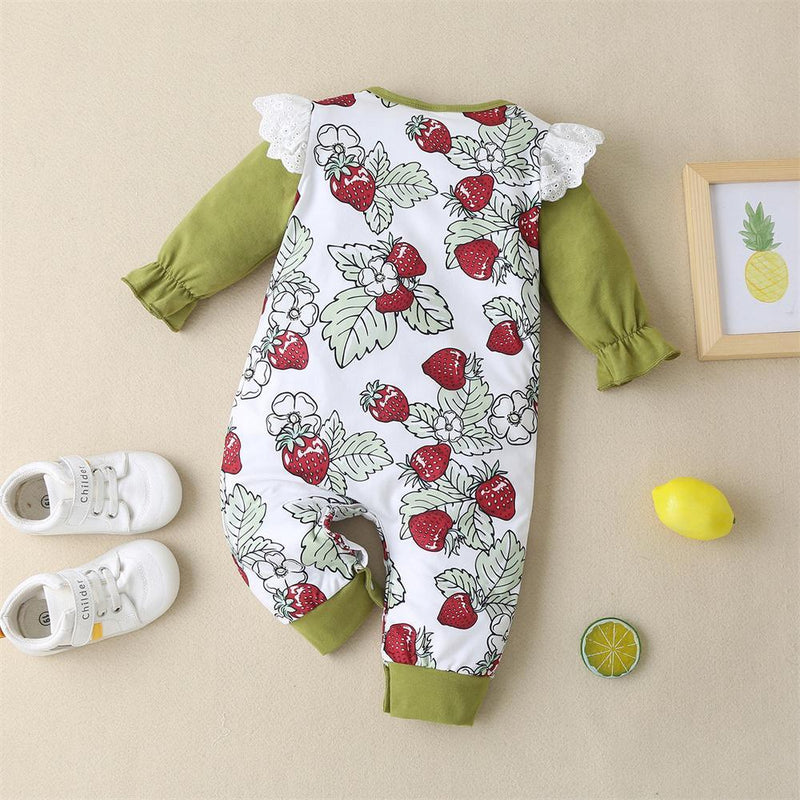 Strawberry Printed Baby Girls Long Sleeve Flying Sleeve Romper baby - PrettyKid