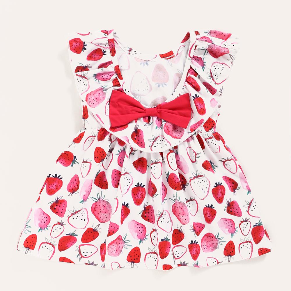 Baby Girls Strawberry Printed Sleeveless Ruffled Collar Dress Wholesale Baby Outfits - PrettyKid