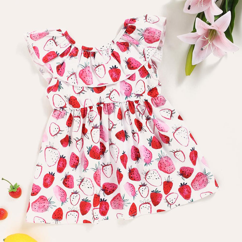Baby Girls Strawberry Printed Sleeveless Ruffled Collar Dress Wholesale Baby Outfits - PrettyKid