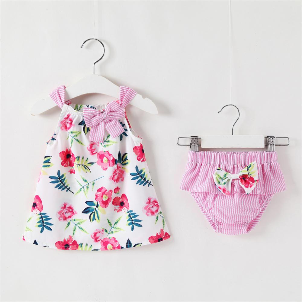 Baby Girls Stripe Bow Decor Floral Printed Sleeveless Top & Shorts Wholesale Clothing Baby - PrettyKid