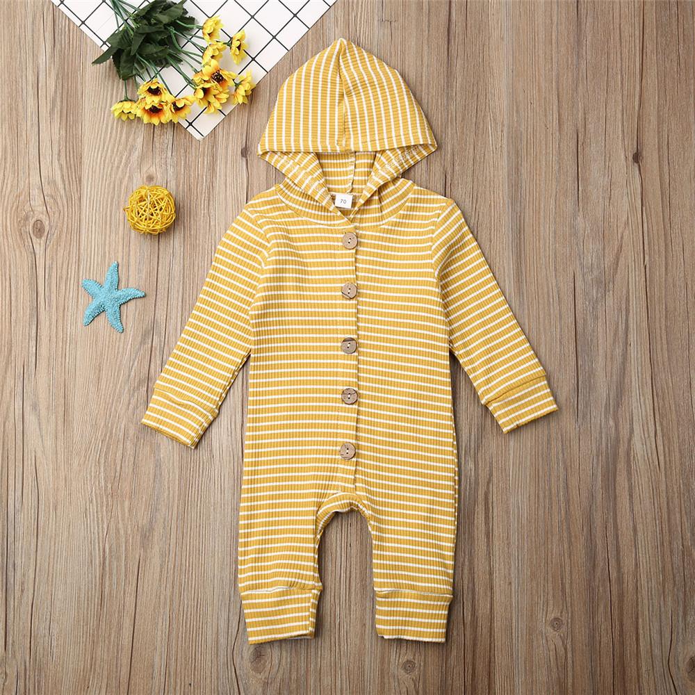 Baby Stripe Button Long Sleeve Hooded Rompers - PrettyKid