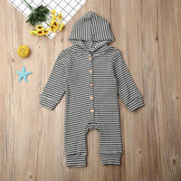 Baby Stripe Button Long Sleeve Hooded Rompers - PrettyKid