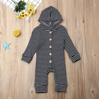 Baby Stripe Button Long Sleeve Hooded Rompers - PrettyKid