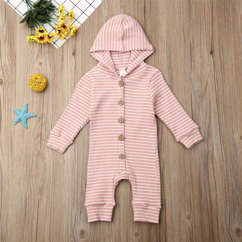 Baby Stripe Button Long Sleeve Hooded Rompers - PrettyKid