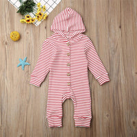 Baby Stripe Button Long Sleeve Hooded Rompers - PrettyKid