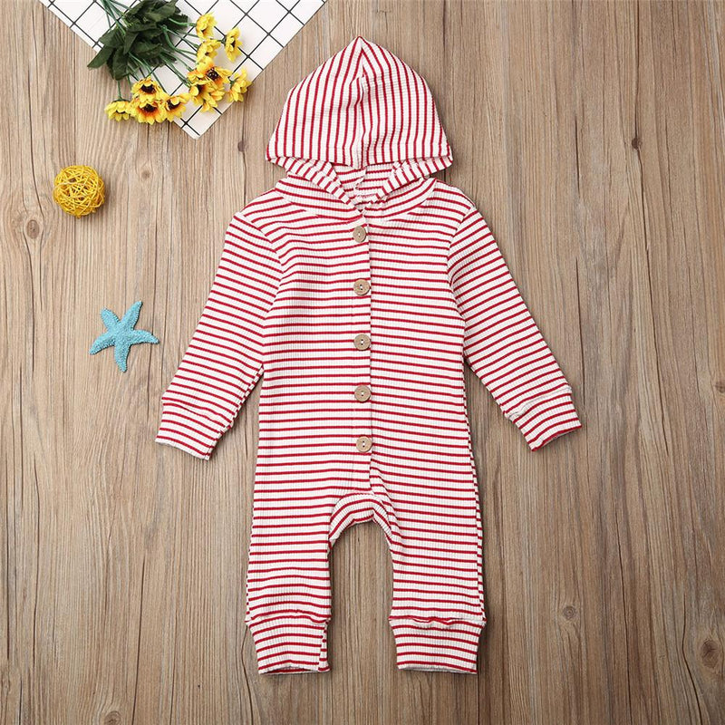 Baby Stripe Button Long Sleeve Hooded Rompers - PrettyKid