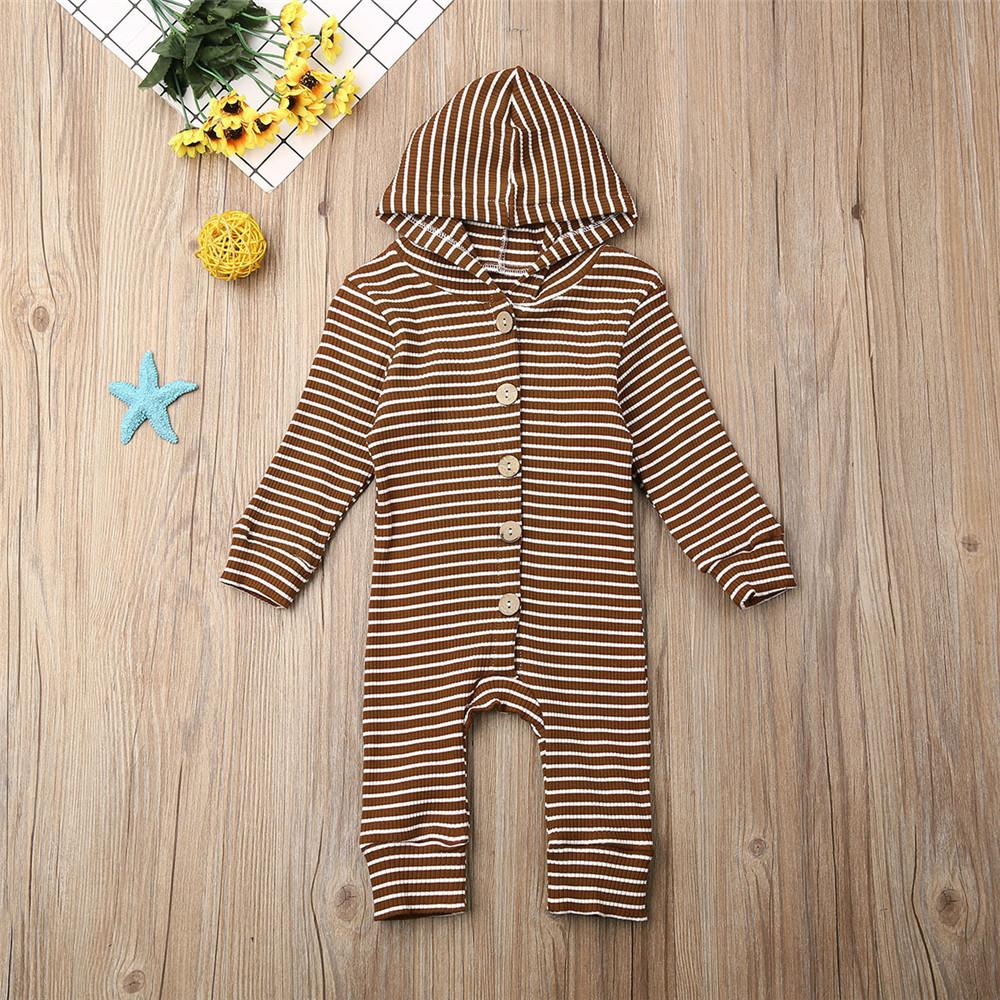 Baby Stripe Button Long Sleeve Hooded Rompers - PrettyKid