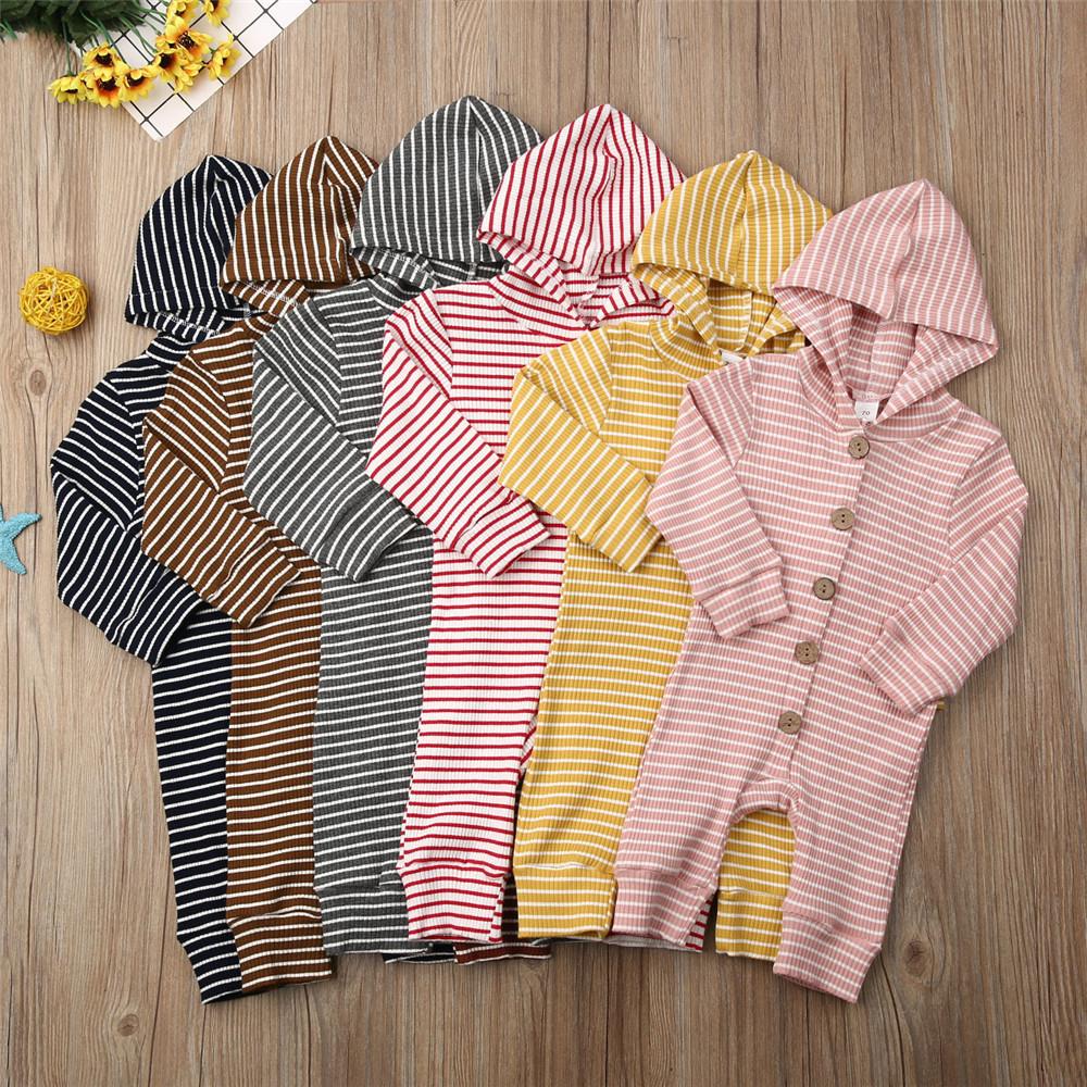 Baby Stripe Button Long Sleeve Hooded Rompers - PrettyKid