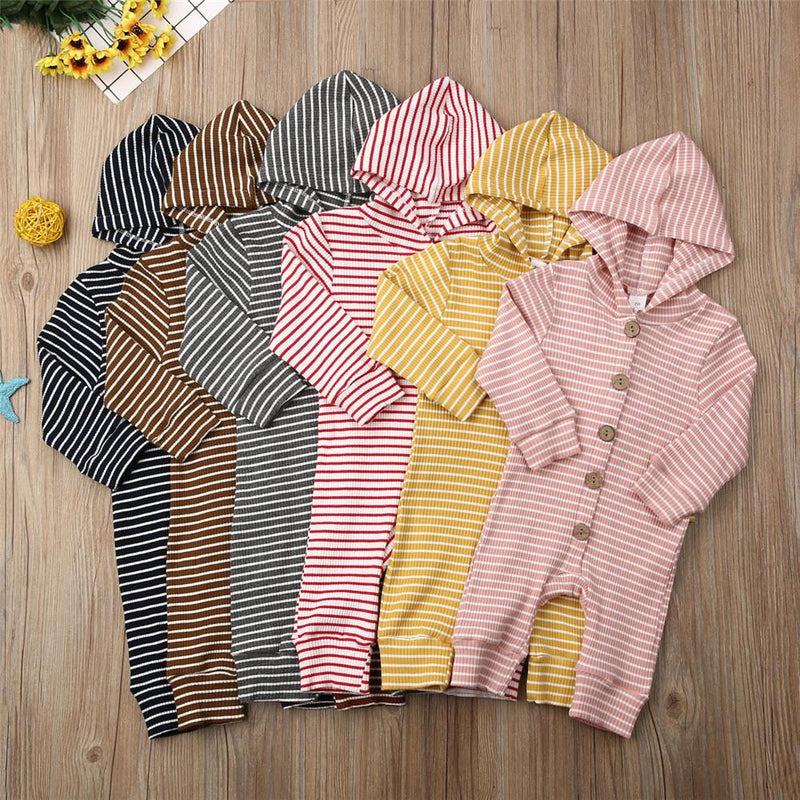 Baby Stripe Button Long Sleeve Hooded Rompers - PrettyKid