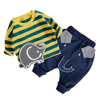 Boys Stripe Cartoon Elephant Long Sleeve Top & Pants - PrettyKid