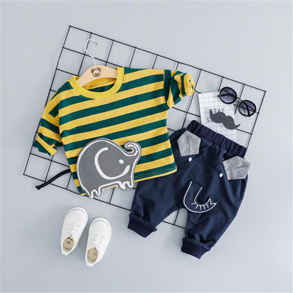 Boys Stripe Cartoon Elephant Long Sleeve Top & Pants - PrettyKid