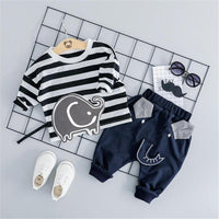 Boys Stripe Cartoon Elephant Long Sleeve Top & Pants - PrettyKid