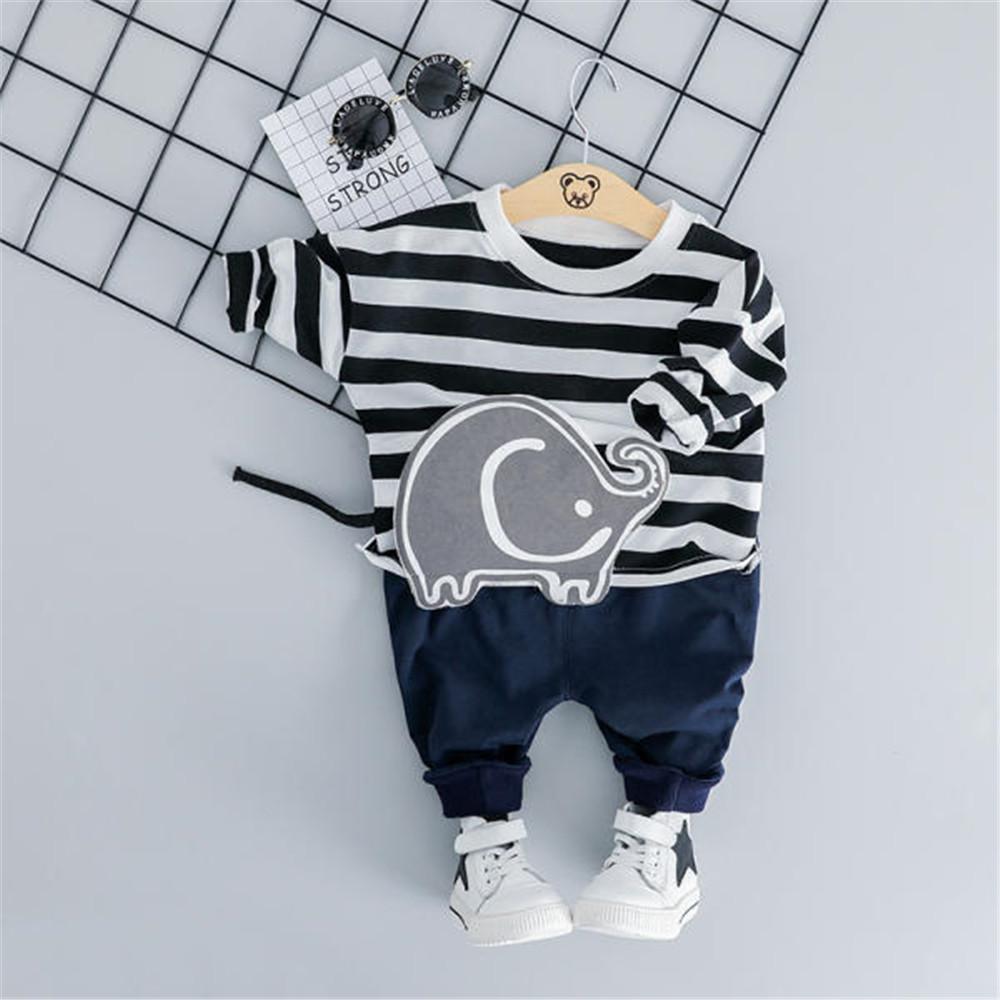 Boys Stripe Cartoon Elephant Long Sleeve Top & Pants - PrettyKid