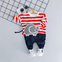 Boys Stripe Cartoon Elephant Long Sleeve Top & Pants - PrettyKid