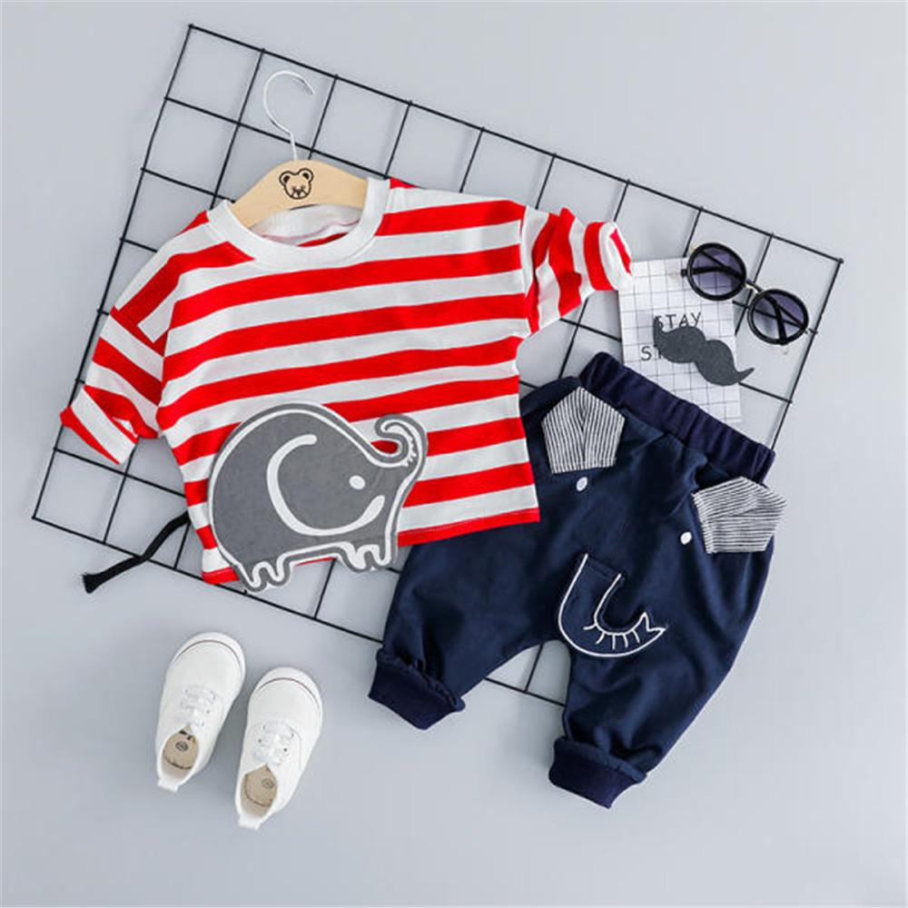 Boys Stripe Cartoon Elephant Long Sleeve Top & Pants - PrettyKid