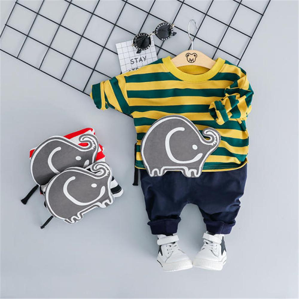 Boys Stripe Cartoon Elephant Long Sleeve Top & Pants - PrettyKid