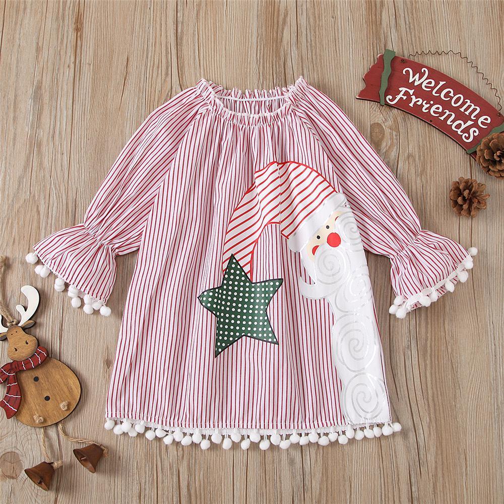 Girls Stripe Christmas Flared Sleeve Dress Girls Wholesale Dresses - PrettyKid