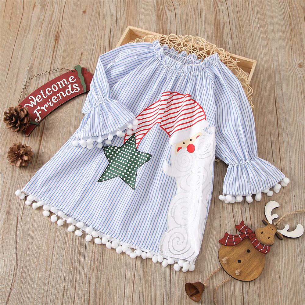 Girls Stripe Christmas Flared Sleeve Dress Girls Wholesale Dresses - PrettyKid