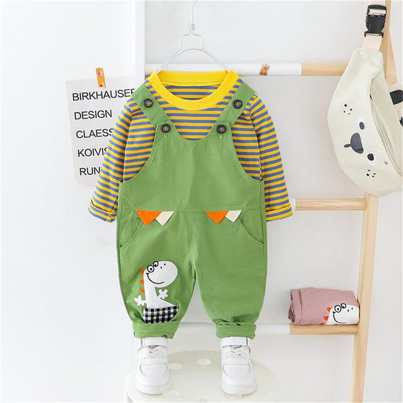 Boys Stripe Cute Dino Cartoon Top & Jumpsuit - PrettyKid