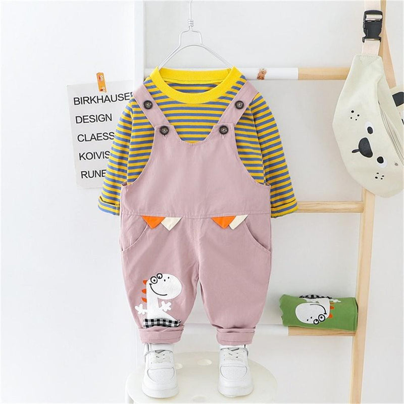 Boys Stripe Cute Dino Cartoon Top & Jumpsuit - PrettyKid