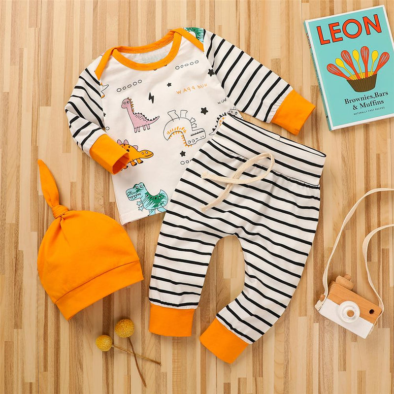 Baby Boys Stripe Dinosaur Top & Pants & Hat Baby Clothes Wholesale Supplier - PrettyKid