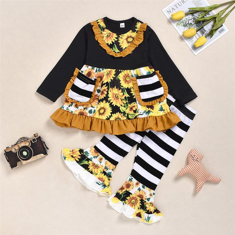 Toddler Girls Stripe Floral Print Long Sleeve Top & Bell Pants Girl Wholesale - PrettyKid