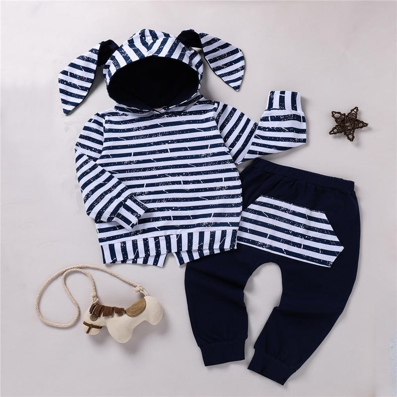 Unisex Stripe Hooded Long Sleeve Top & Pants Trendy Toddler Clothes Cheap - PrettyKid