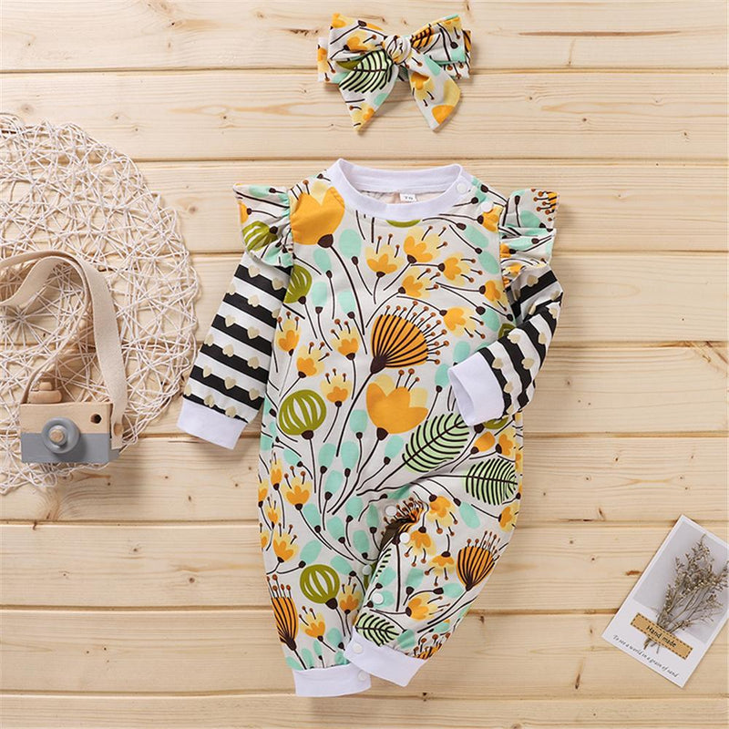 Baby Girls Stripe Plant Print Romper & Headband Baby Clothing Warehouse - PrettyKid