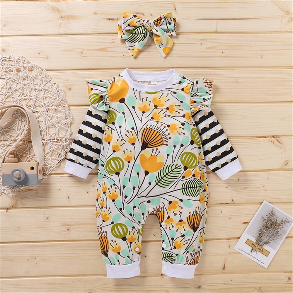 Baby Girls Stripe Plant Print Romper & Headband Baby Clothing Warehouse - PrettyKid