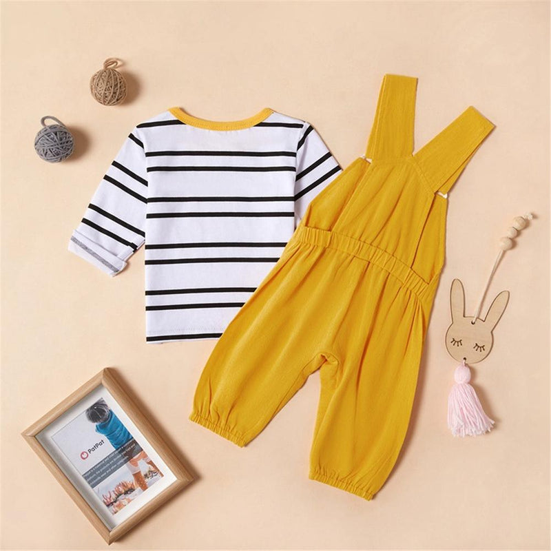 Baby Girls Stripe Long Sleeve Top & Linen Overalls Baby Clothes Cheap Wholesale - PrettyKid