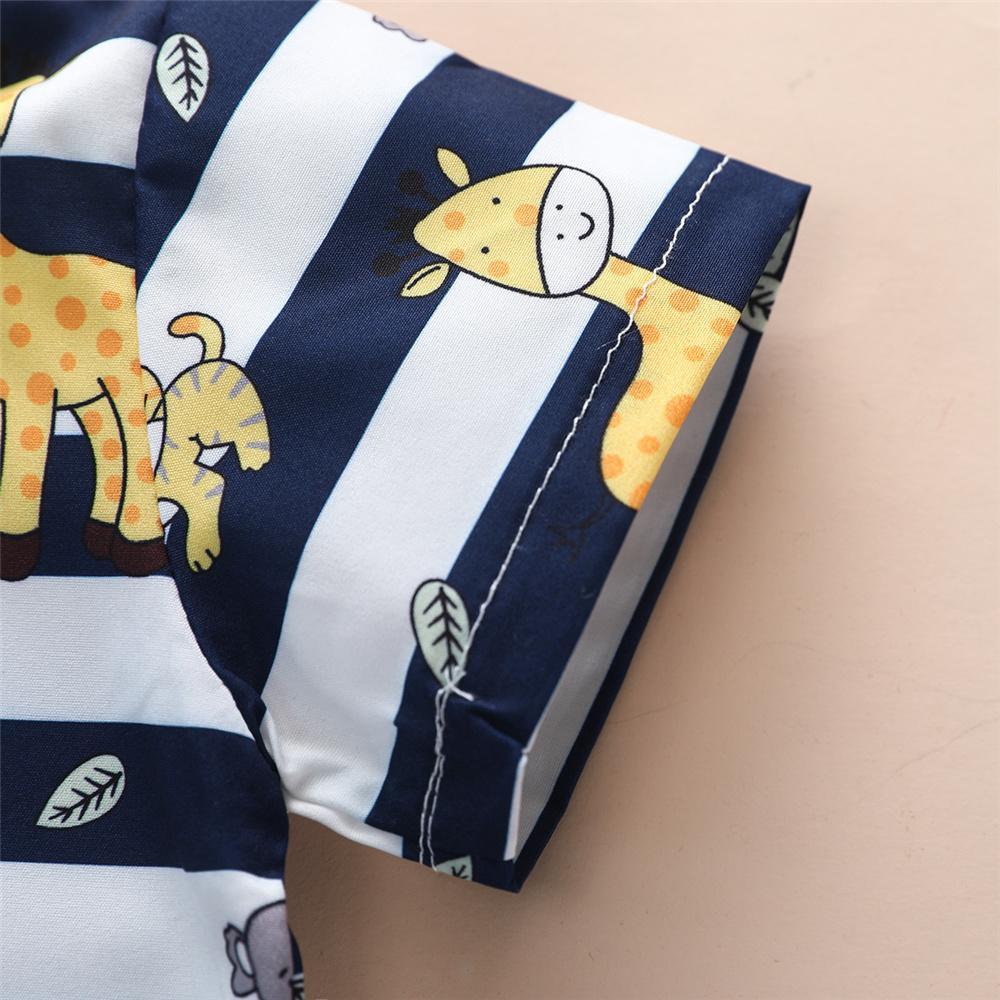 Boys Striped Animal Printed Short Sleeve Shirt & Yellow Shorts Boys Casual Suits - PrettyKid