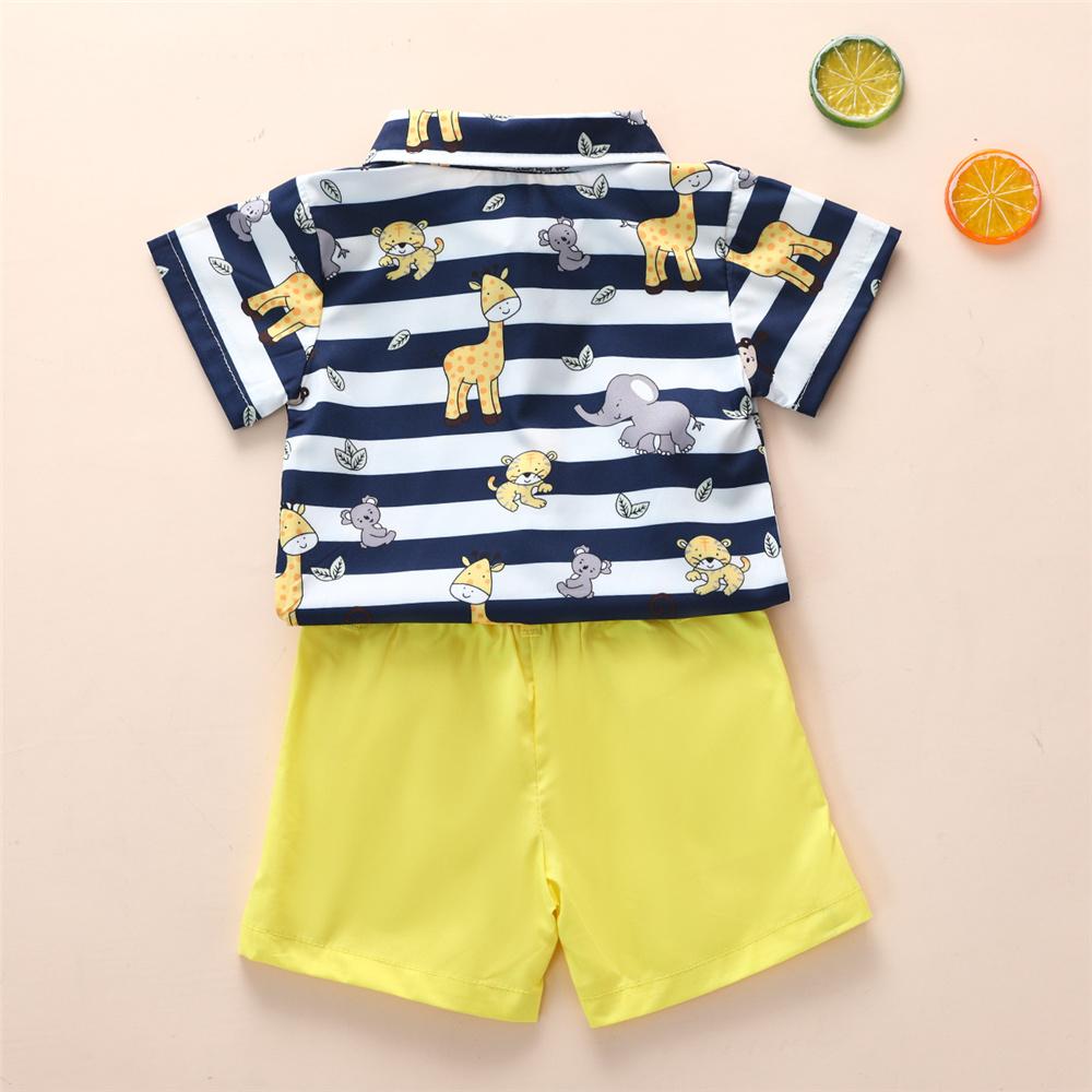 Boys Striped Animal Printed Short Sleeve Shirt & Yellow Shorts Boys Casual Suits - PrettyKid