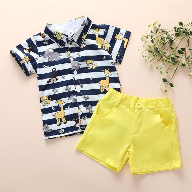 Boys Striped Animal Printed Short Sleeve Shirt & Yellow Shorts Boys Casual Suits - PrettyKid