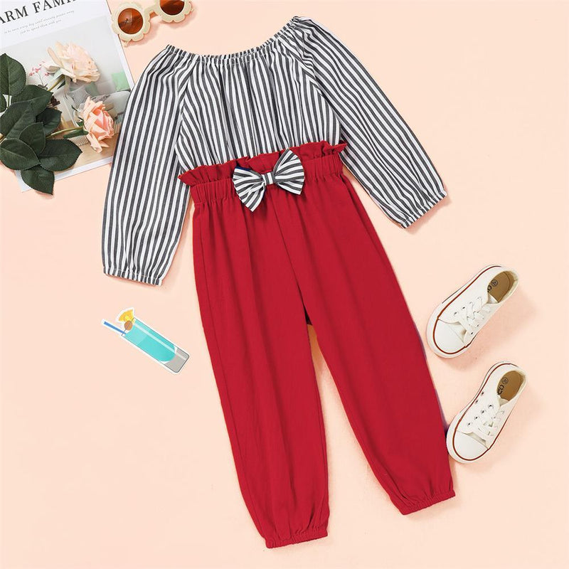 Toddler Girls Striped Bow Decor Long Sleeve Jumpsuit Baby Girl Wholesale - PrettyKid