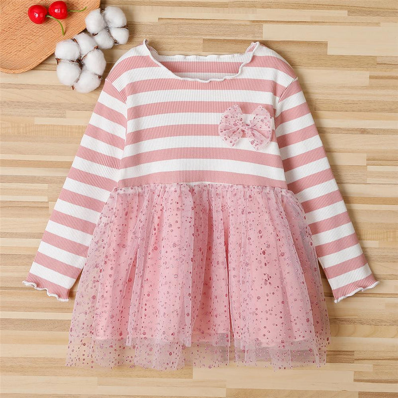 Girls Striped Bow Decor Long Sleeve Princess Tulle Dress Kids Wholesale Clothing Warehouse - PrettyKid