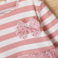 Girls Striped Bow Decor Long Sleeve Princess Tulle Dress Kids Wholesale Clothing Warehouse - PrettyKid