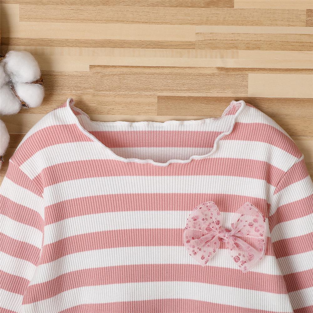 Girls Striped Bow Decor Long Sleeve Princess Tulle Dress Kids Wholesale Clothing Warehouse - PrettyKid