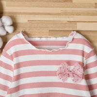 Girls Striped Bow Decor Long Sleeve Princess Tulle Dress Kids Wholesale Clothing Warehouse - PrettyKid