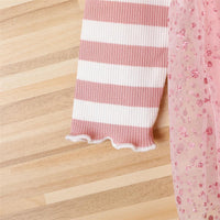Girls Striped Bow Decor Long Sleeve Princess Tulle Dress Kids Wholesale Clothing Warehouse - PrettyKid