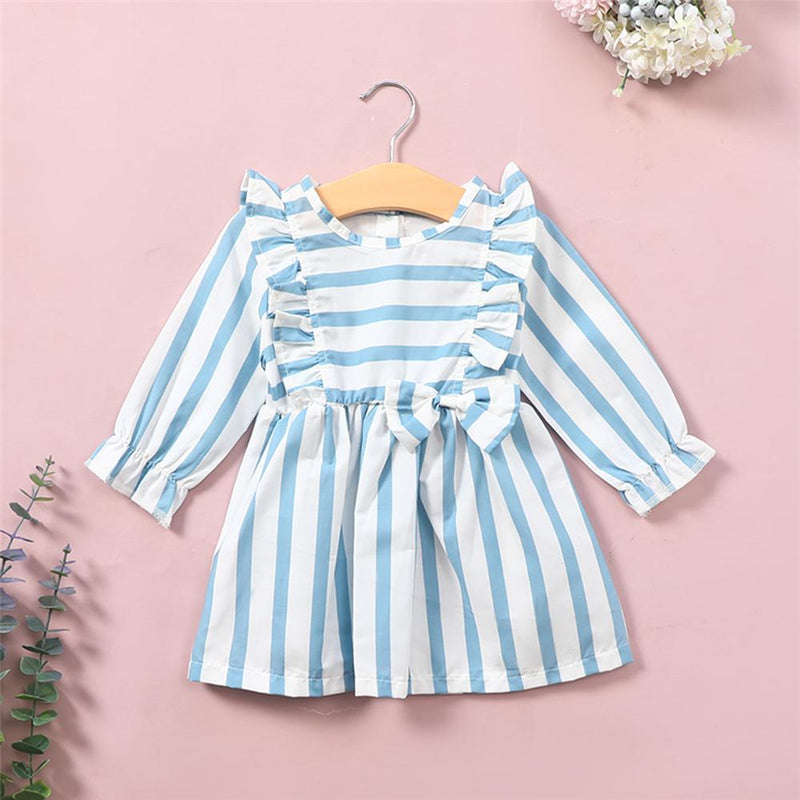Baby Girls Striped Bow Decor Ruffled Long Sleeve Dress Baby Clothes Wholesale Bulk - PrettyKid