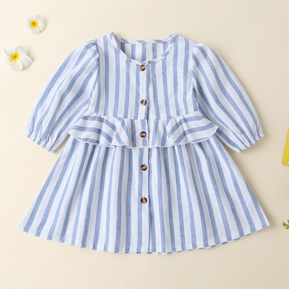 Baby Girls Striped Button Long Sleeve Daily Dress - PrettyKid