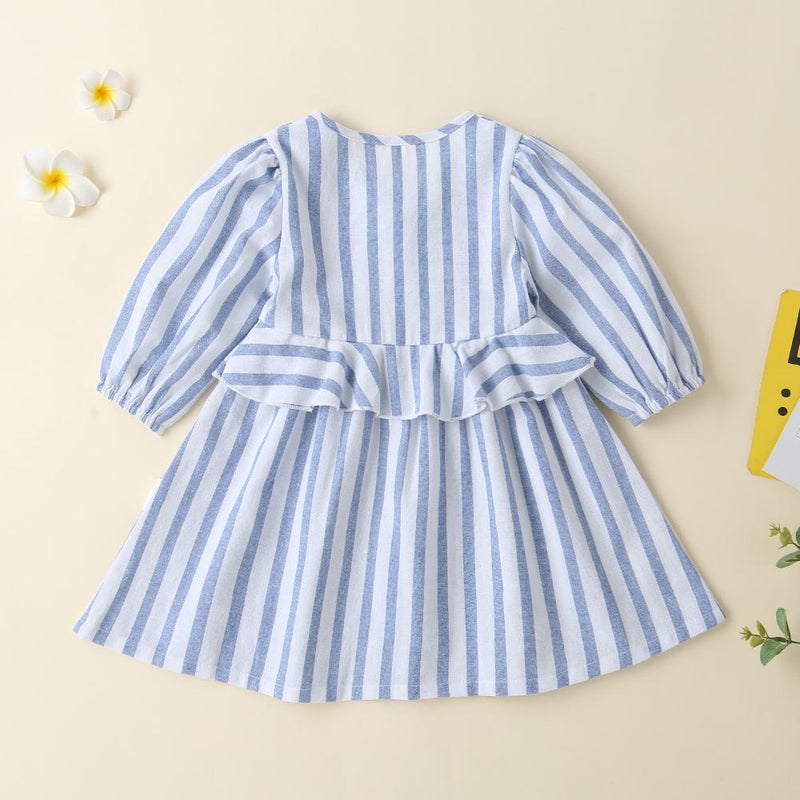 Baby Girls Striped Button Long Sleeve Daily Dress - PrettyKid