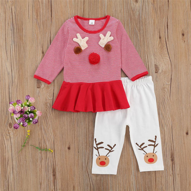 Baby Girls Striped Cartoon Elk Long Sleeve Top & Pants Baby Clothing Warehouse - PrettyKid